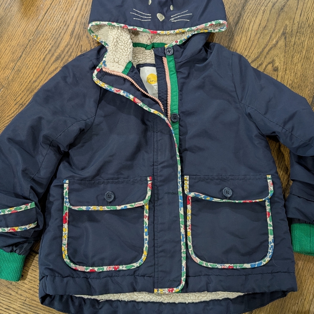 Mini Boden Blue and Green Raincoat with Hood and Weather-Resistant Material